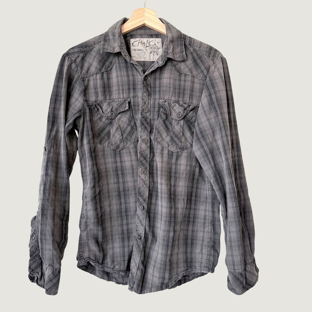 Chalc Mens Gray Plaid Western y2k Button Down Shirt Roll Tab Sleeve Casual Small